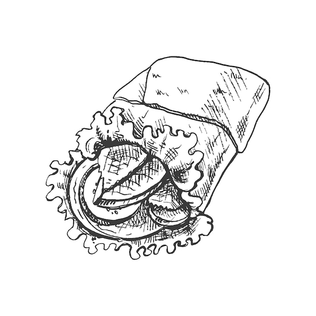 Handdrawn szkic stylu burrito wrap z kawałkami warzyw i mięsa na białym tle Fast food ilustracja Vintage rysunek Element do projektowania opakowań etykiet i pocztówek