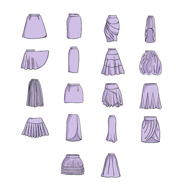 Plik wektorowy handdrawn zestaw spódnic różnych typów szkic kreskówka na białym tle