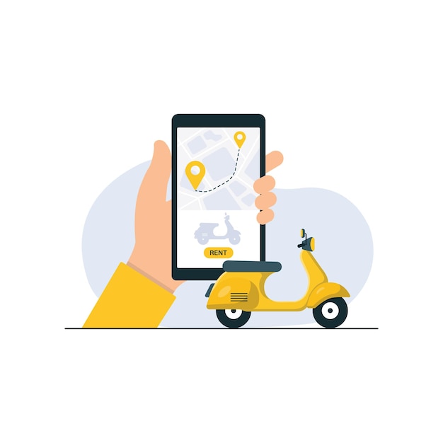 HandHolding Phone with Scooter Vector Illustration Rent a Bike Koncepcja projektowania