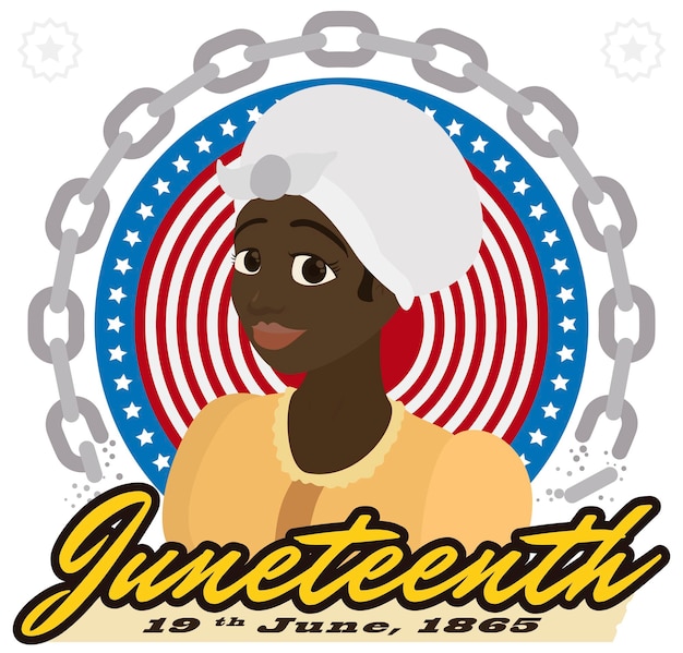 Happy African American Kobieta Nad Guzikiem Z Przerwanymi Lancuchami Z Okazji Juneteenth