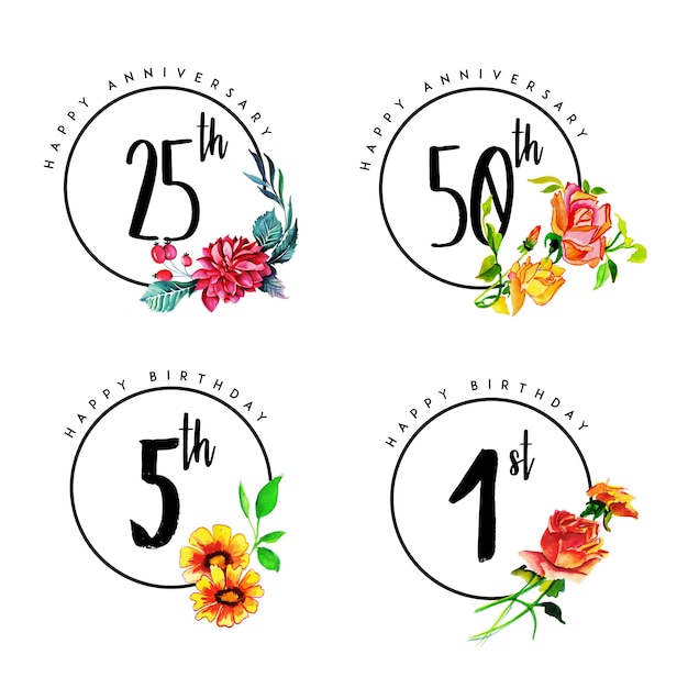 Plik wektorowy happy anniversary i urodziny logo z akwarelą floral