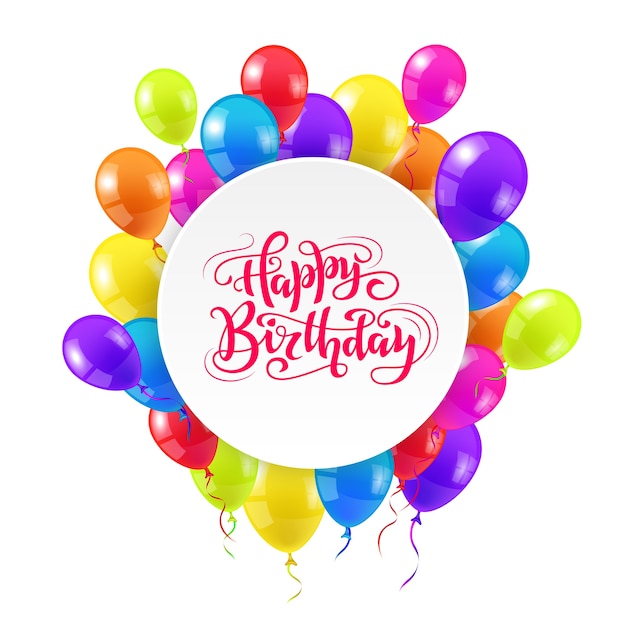 Happy Birthday Greeting Card Design z ręcznie rysowane napis i kolorowe balony.