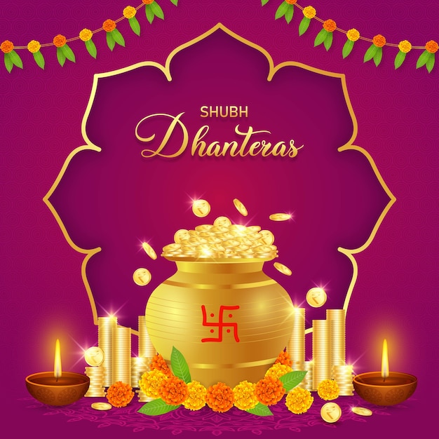 Happy Dhanteras, Diwali, Gold Coin Kalash, Bogini Laxmi Puja, Bogactwo, Dobrobyt