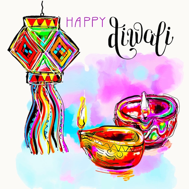 Happy Diwali Akwarela Kartka Z życzeniami Na Indyjski Festiwal Ognia Z Napisem Odręcznym