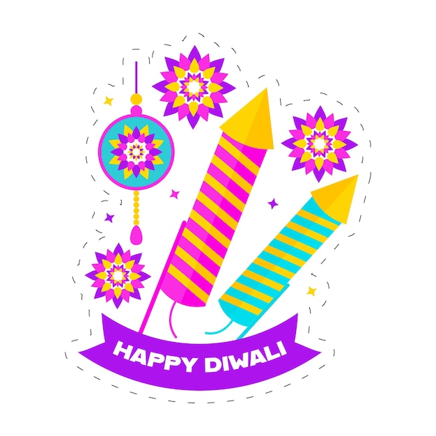 Happy Diwali Celebration Concept z fajerwerkami rakietami i ornamentem mandali na białym tle