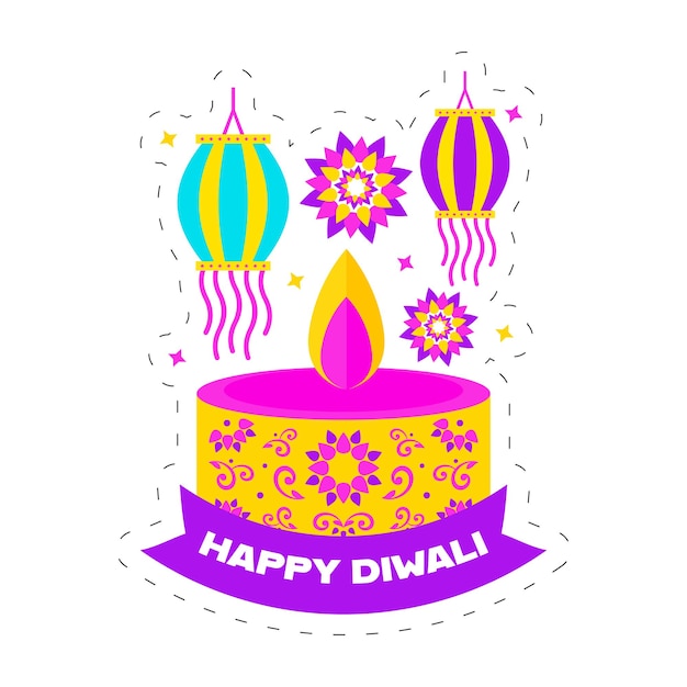 Happy Diwali Concept Z Zapaloną świecą Tealight Wiszącą Latarnią Kandeel I Elementem Kwiatowym Na Białym Tle