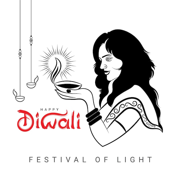 Happy Diwali Pozdrowienia Z Indii Kobieta Ręka Szkic Diya Lampy Szkic