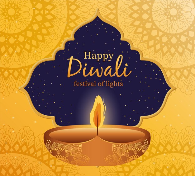 Happy Diwali świeca Z Ramą Na żółto Z Projektem Tła Mandali, Motyw Festiwalu świateł