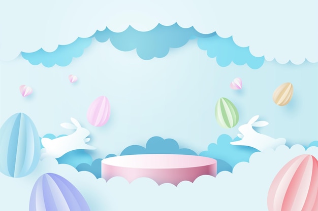 Happy Easter Backgroundpapierowa Sztuka Pisanki I Królika Z Chmurą Na Tle Błękitnego Niebamakieta Podium Wyświetlania Produktuprojekt Szablonu Banerailustracja Wektorowa