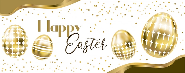 Happy Easter Banner Z Czterema Metalicznymi Złotymi Jajkami