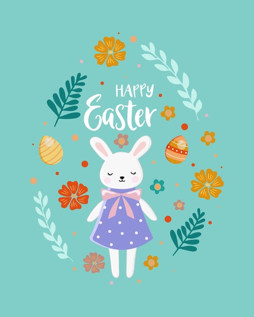 Happy Easter Card Holiday Easter Ilustracji Z Kwiatami Jaj Królika