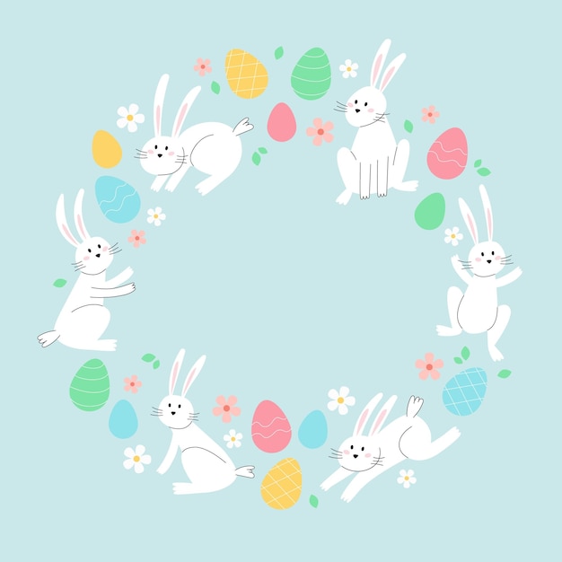 Plik wektorowy happy easter card with bunnies and eggs minimalistyczny wakacyjny projekt ilustracji wektorowych w okrągłym kształcie