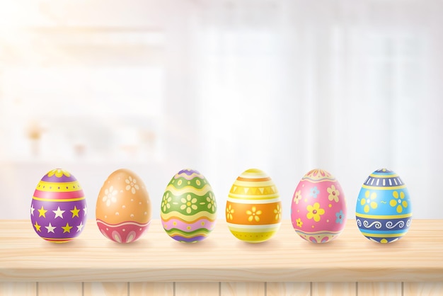 Happy Easter Day Kolorowe Jajko Na Drewnianej Podłodze Stołu I Niewyraźne Tło Atmosfera Przednie światło W Pokoju Wpadające Przez Zasłonę W Domu