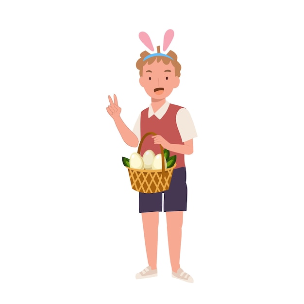 Happy Easter Day Mały Chłopiec Z Uszami Królika Przedstawiający W Pełni Koszyk Z Polowania Na Pisankę Płaski Styl Ilustracji Wektorowych