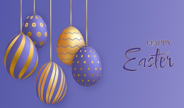 Happy Easter kartkę z życzeniami Fioletowe i złote pisanki 3D wiszące na złotych wstążkach
