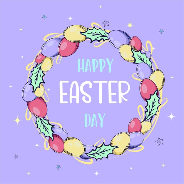 Happy Easter Kartkę Z życzeniami Ilustracji Wektorowych Z Kolorowym Wieńcem Jaj Izolowany Na Fioletowym Tle
