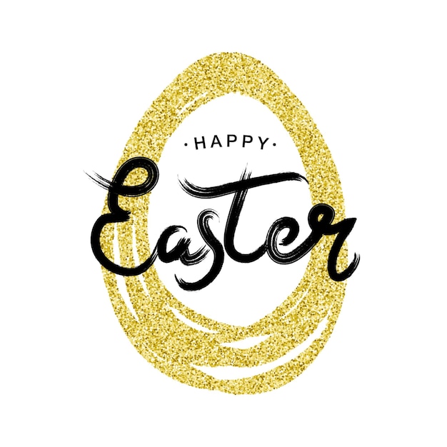 Happy Easter Napis Ze Złotym Brokatem Paschalna Ramka Jajko Złota świąteczna Odznaka Wielkanocna Vector