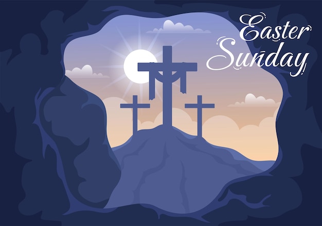 Happy Easter Sunday Day ilustracja z Jezusem i on zmartwychwstał w ręcznie rysowane szablony