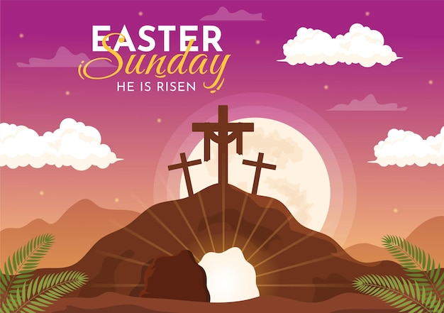 Happy Easter Sunday Day ilustracja z Jezusem i on zmartwychwstał w ręcznie rysowane szablony