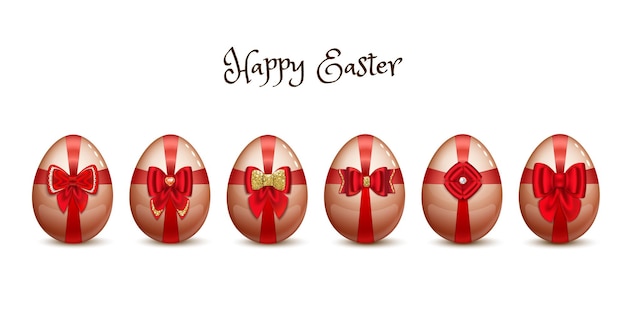 Happy Easter Zestaw czerwonych pisanek z czerwonymi kokardkami i koronką wstążkową i kamieniami szlachetnymi