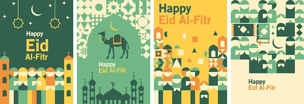 Happy Eid Al Fitr Mubarak Plakat I Szablon Tła Okładka Książki Z Geometrycznym Kształtem Wielbłąda