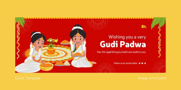 Happy Gudi Padwa Indian Festival Z Indyjskimi Kobietami Robiącymi Rangoli Z Kwiatami Szablon Okładki Na Facebooka