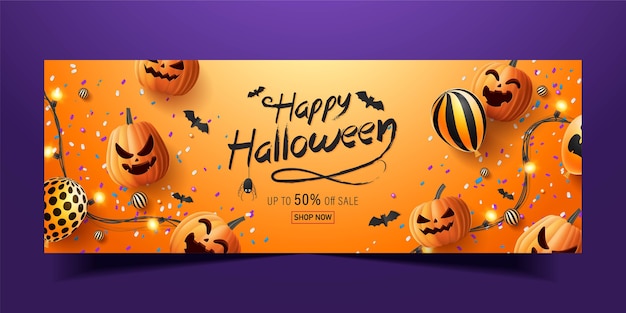 Plik wektorowy happy halloween banner, baner promocji sprzedaży z cukierkami halloween, świecącymi girlandami, balonem i dyniami halloween. ilustracja 3d