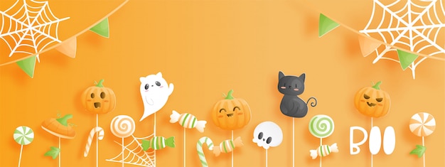 Happy Halloween Banner. Ilustracja Cięcia Papieru.