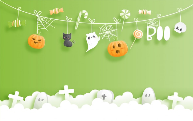 Plik wektorowy happy halloween banner. ilustracja stylu cięcia papieru.