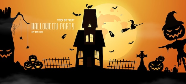 Happy Halloween Banner Lub Zaproszenie Na Przyjęcie Pomarańczowe Tło Z Mgłą, Chmurami, Nietoperzami I Dyniami