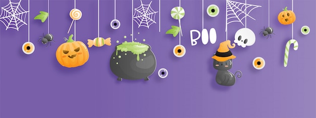 Happy Halloween Banner. Uroczystości Halloween W Stylu Cięcia Papieru.