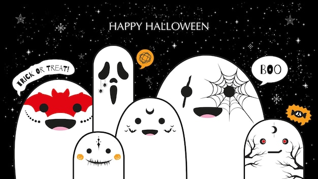 Happy Halloween Banner Z Uroczymi Białymi Duchami