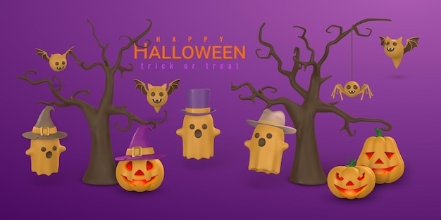 Happy Halloween Cute Cartoon 3d Dyni Duch Nietoperza I Upiorne Ciemne Drzewo Halloween Koncepcja Ilustracji Wektorowych