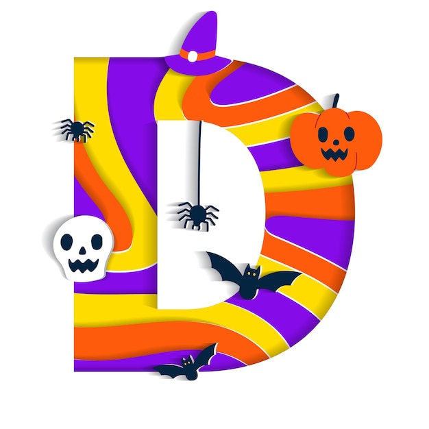 Happy Halloween D Alfabet Czcionka Typografia Kreskówka Upiorny Papier Typ Wycięcia Czaszka Dynia Nietoperz Pająk