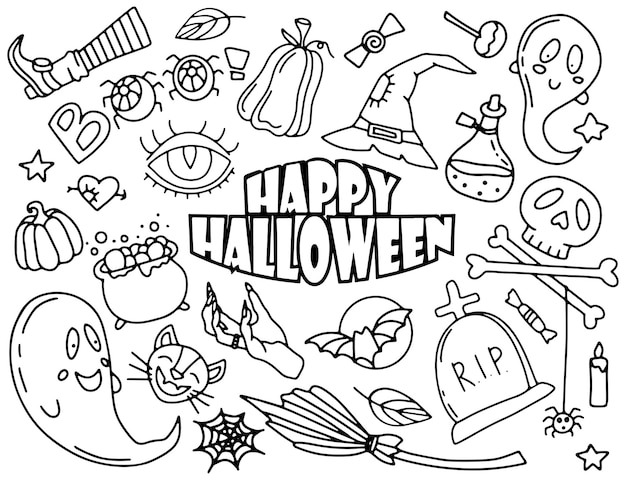 Plik wektorowy happy halloween doodle zestaw clipartów. cyfrowy ręcznie rysowane naszkicowanych.