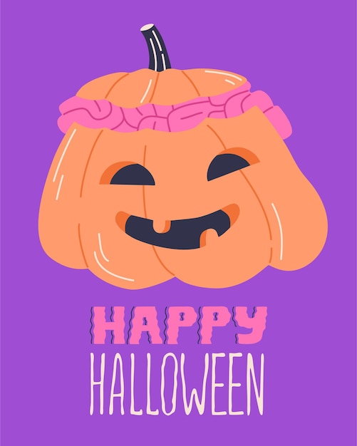 Happy Halloween Dynia Jack Plakat Z Przerażającym Napisem. ładny Charakter I Upiorna Kaligrafia, Nadruk. Tapeta Tekstylna Wektor W Stylu Cartoon Płaskie Doodle. Straszne Wakacje, Fioletowe Tło