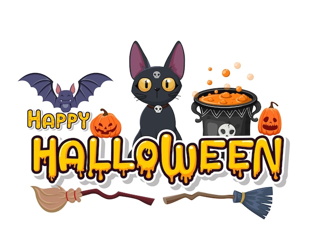 Happy Halloween Dynia, Kot, Czaszka, Nietoperz, Miotły, Kocioł Czarownic. Koncepcja Kreskówka Halloween Dzień Elementów. Ilustracja Wektorowa Clipart