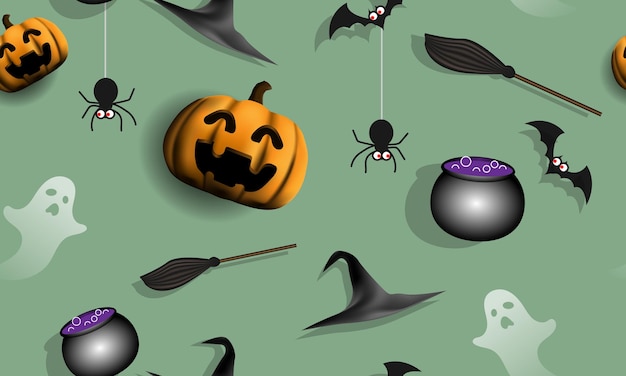 Happy Halloween dynia pająk nietoperz duch kapelusz miotła kocioł zielony bezszwowe tło wzór