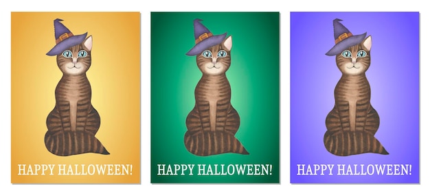 Happy halloween karta Pasiasty kot w kapeluszu wiedźmy Brązowy kotek z niebieskimi oczami Akwarela