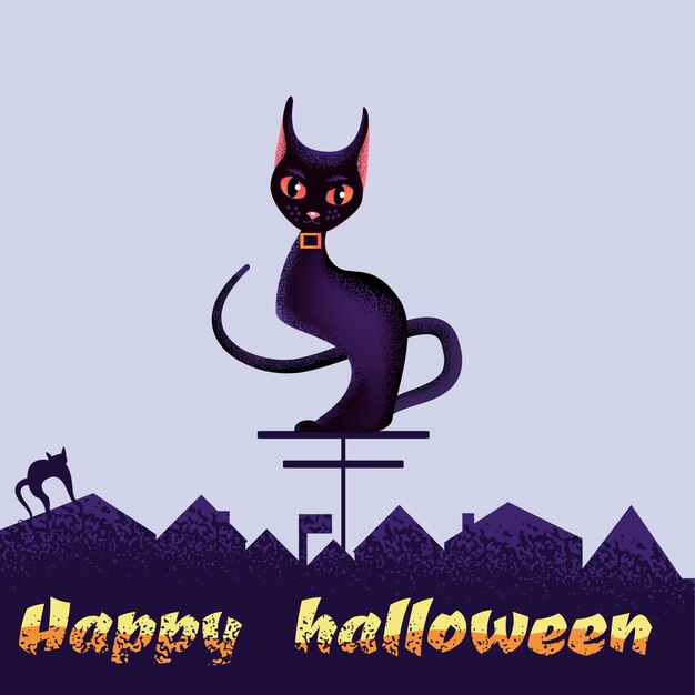 Plik wektorowy happy halloween kartkę z życzeniami z czarnym kotem