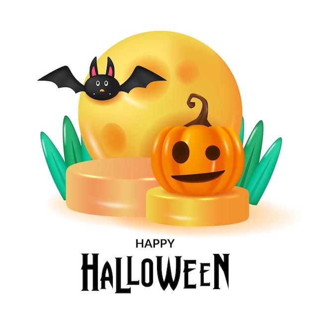 Happy Halloween Kartkę Z życzeniami Z Ilustracją 3d Cute Postaci Dyni Jack O Lantern Księżycowa Czaszka I Bat