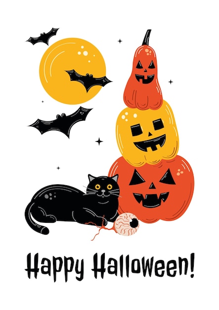 Happy Halloween Kartkę Z życzeniami Z Uroczym Czarnym Kotem, Nietoperzami I Upiornymi Dyniami. święta Zwierząt