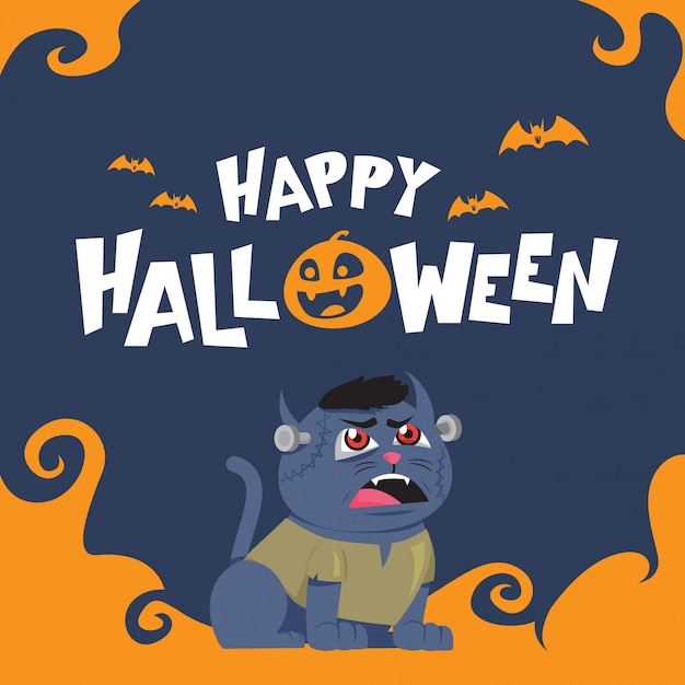 Plik wektorowy happy halloween kartkę z życzeniami zz niebieskim kotem zombie