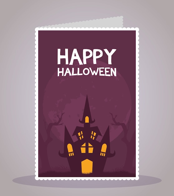 Happy Halloween Karty Z Napisem I Projekt Ilustracji Wektorowych Nawiedzonego Zamku Sceny