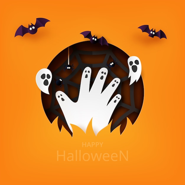 Plik wektorowy happy halloween papierowy styl. ręka zombie wznosząca się z cmentarza z latającym nietoperzem, duchem i pajęczyną.