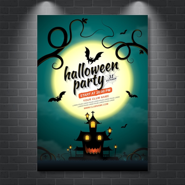 Happy Halloween Party Plakat Szablon Nawiedzonego Domu I Nietoperzy