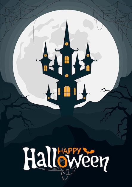 Plik wektorowy happy halloween plakat nocny krajobraz z księżycem i upiornym zamkiem. ilustracja wektorowa.