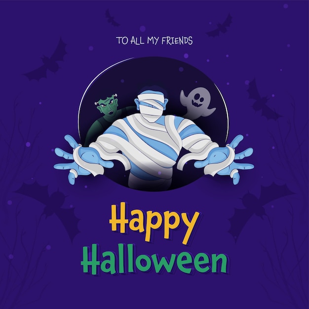 Happy Halloween Plakat Projekt Z Duchem Kreskówka, Mumia I Zombie Charakter Na Fioletowym Tle Nietoperzy.
