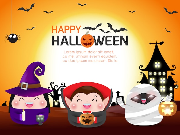 Happy Halloween Szablon Karty Z Pozdrowieniami. Grupa Dzieci W Kostiumach Halloween Skoki. Szczęśliwa Halloween Przyjęcia Tematu Ilustracja