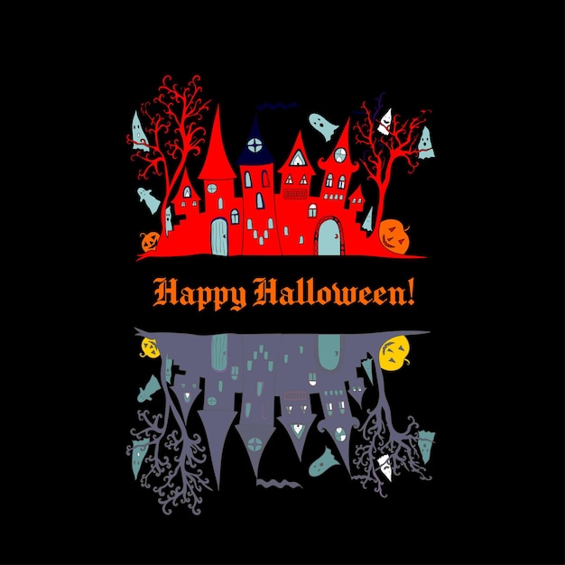Happy Halloween Tło Z Nawiedzonym Domem I Uroczymi Duchami Ilustracji Wektorowych Dla Plakatu Ulotki Reklamowej